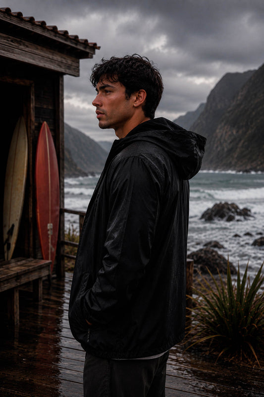 Cortaviento COA color negro, chaqueta liviana para surf y outdoor — vista trasera