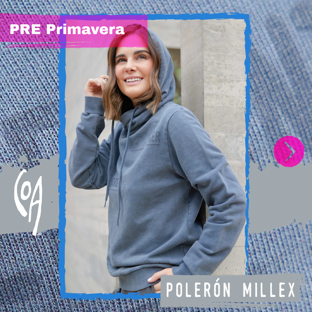 Polerón Millex Gris Grafito con cuello doble alto y capucha ajustable. Diseño inspirador en el frente. Fabricado en algodón de calidad.