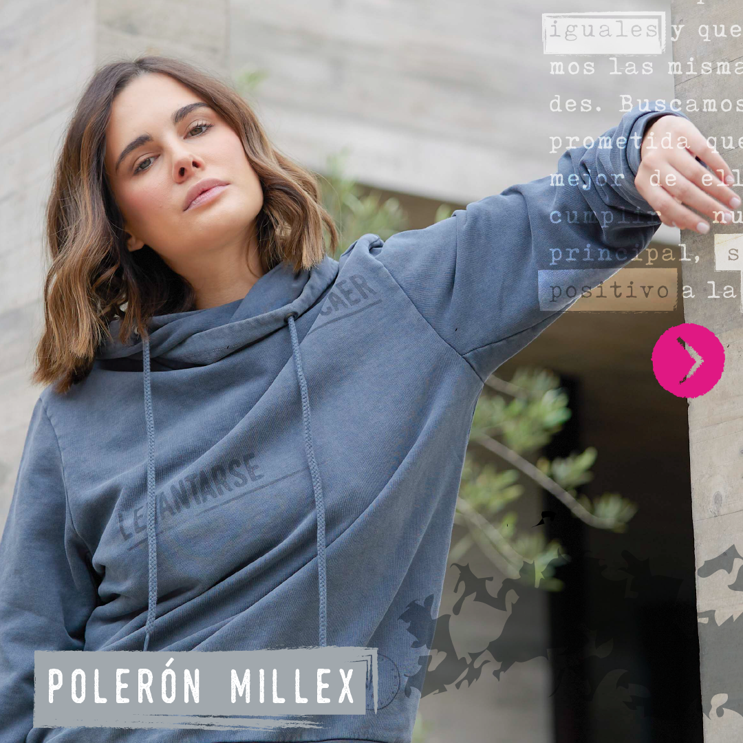 Polerón Millex Gris Grafito con cuello doble alto y capucha ajustable. Diseño inspirador en el frente. Fabricado en algodón de calidad.