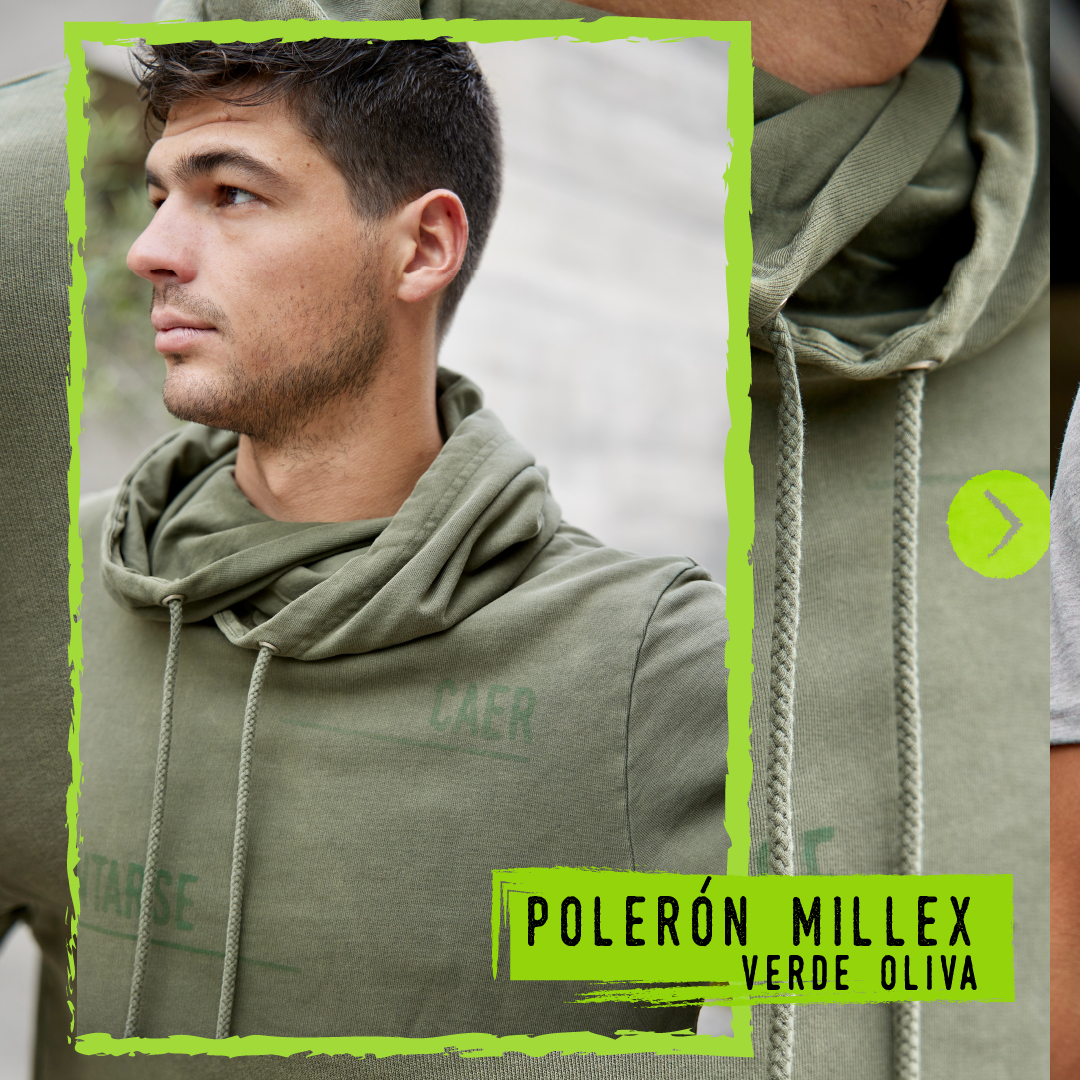 Polerón Millex Verde Oliva con cuello doble alto y capucha ajustable. Diseño en el frente que dice "caer levantarse siempre" en secciones. Fabricado con algodón de calidad.