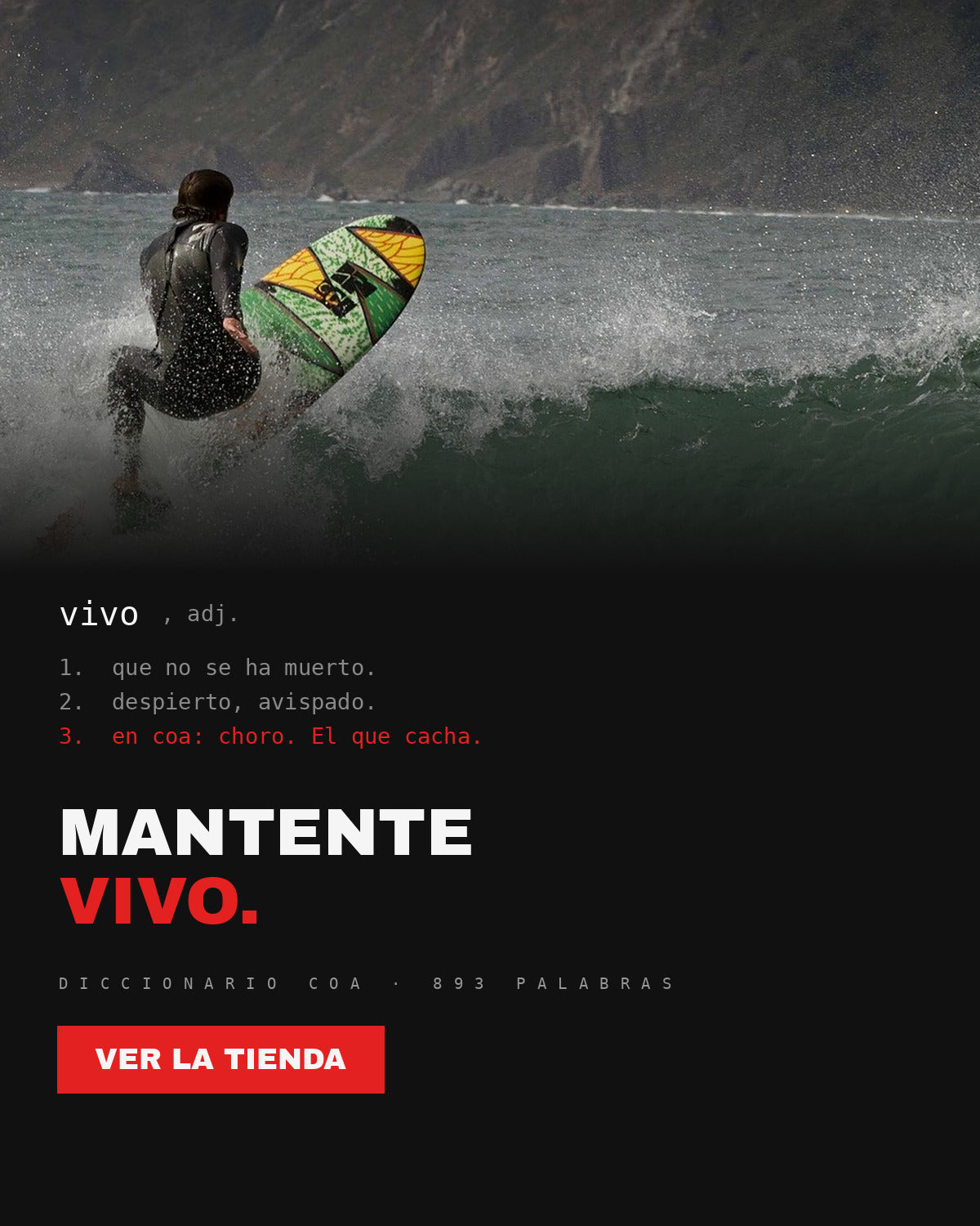 Banner móvil del diccionario coa: vivo, en coa choro, el que cacha. Mantente vivo