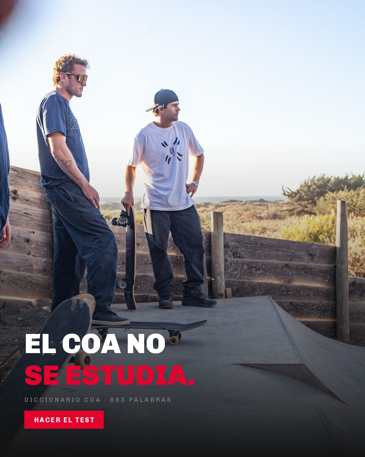Dos personas conversando en el skatepark con poleras COA, version movil