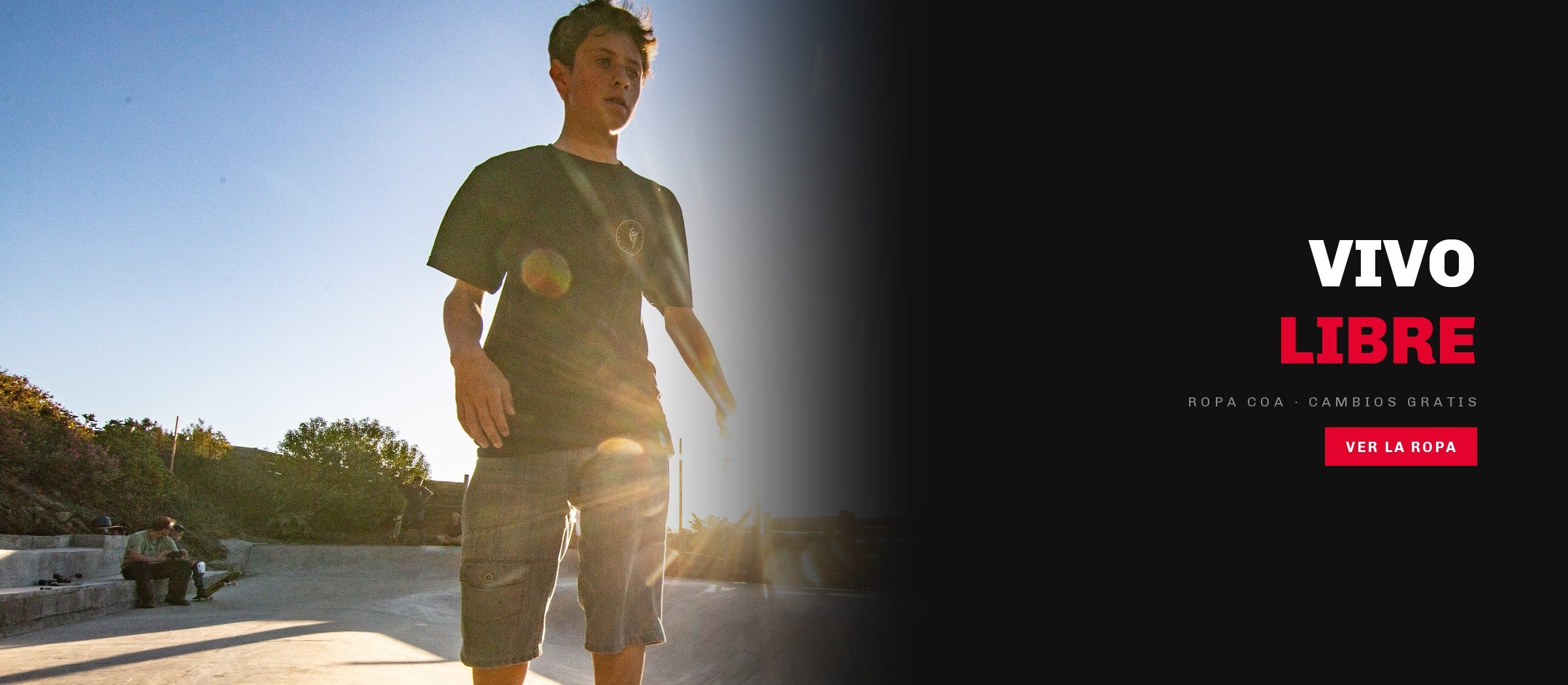 Skater con polera COA a contraluz en el bowl al atardecer