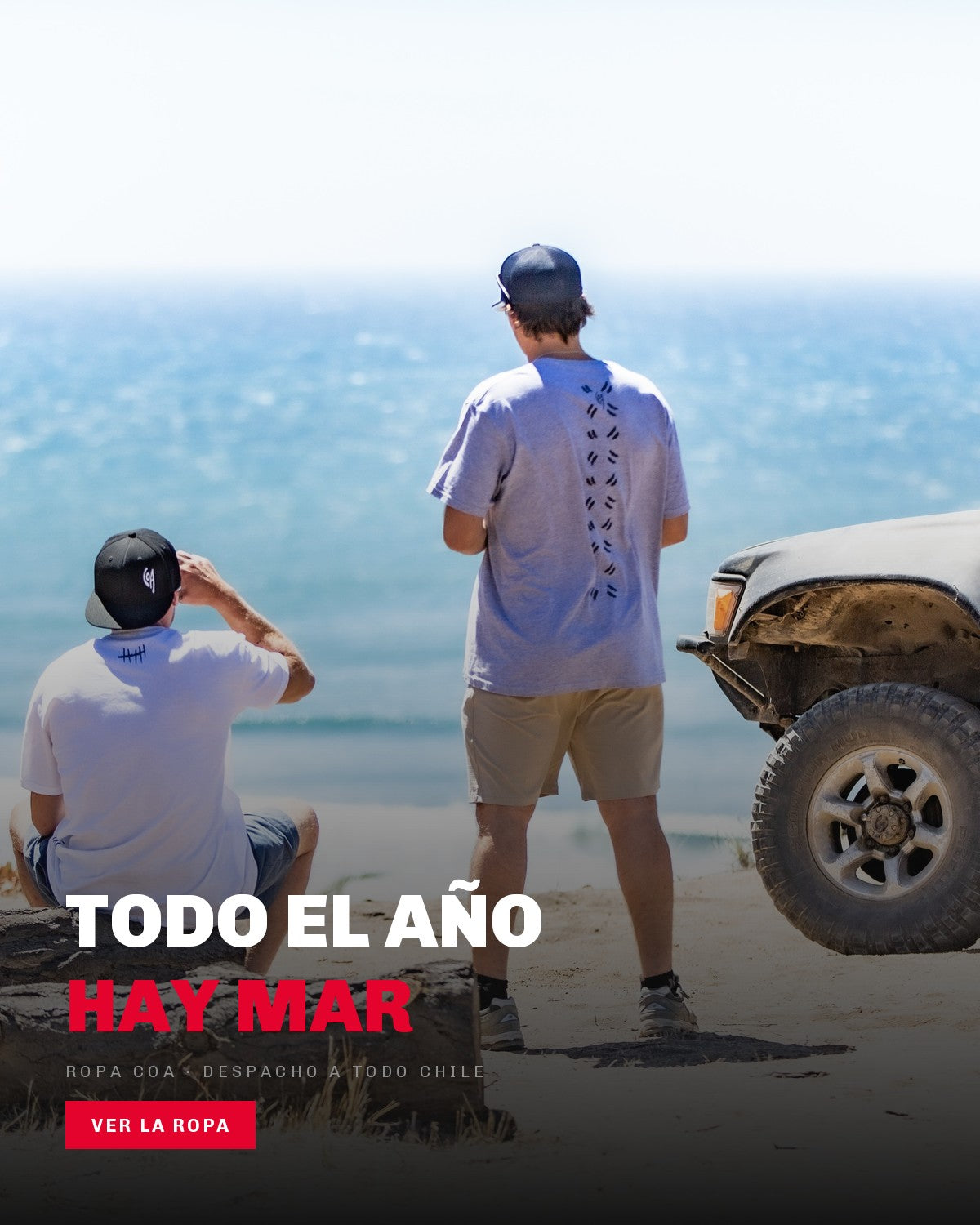 Dos personas con poleras COA mirando el mar, version movil