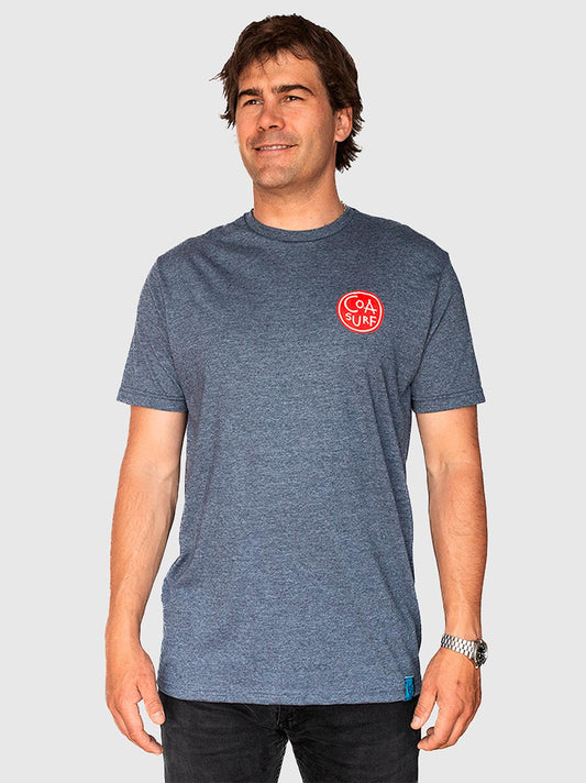 Polera de algodón COA Clásico color azul marino jaspeado, marca chilena de surf — vista trasera