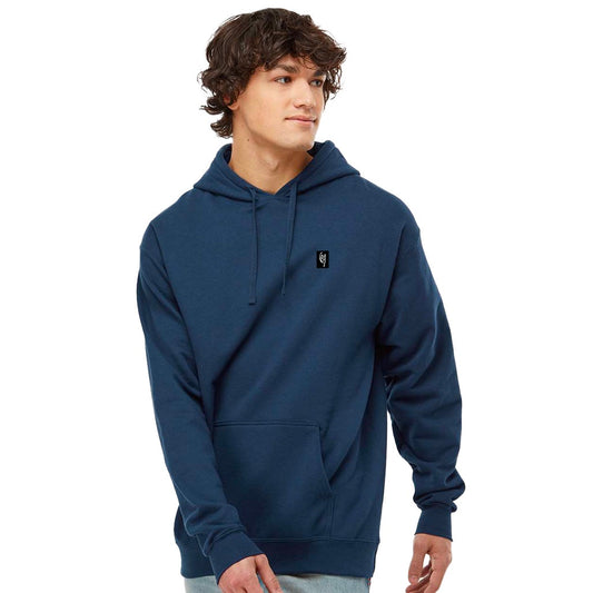 Polerón canguro COA con capucha y bolsillo delantero color azul, marca chilena de surf — vista frontal