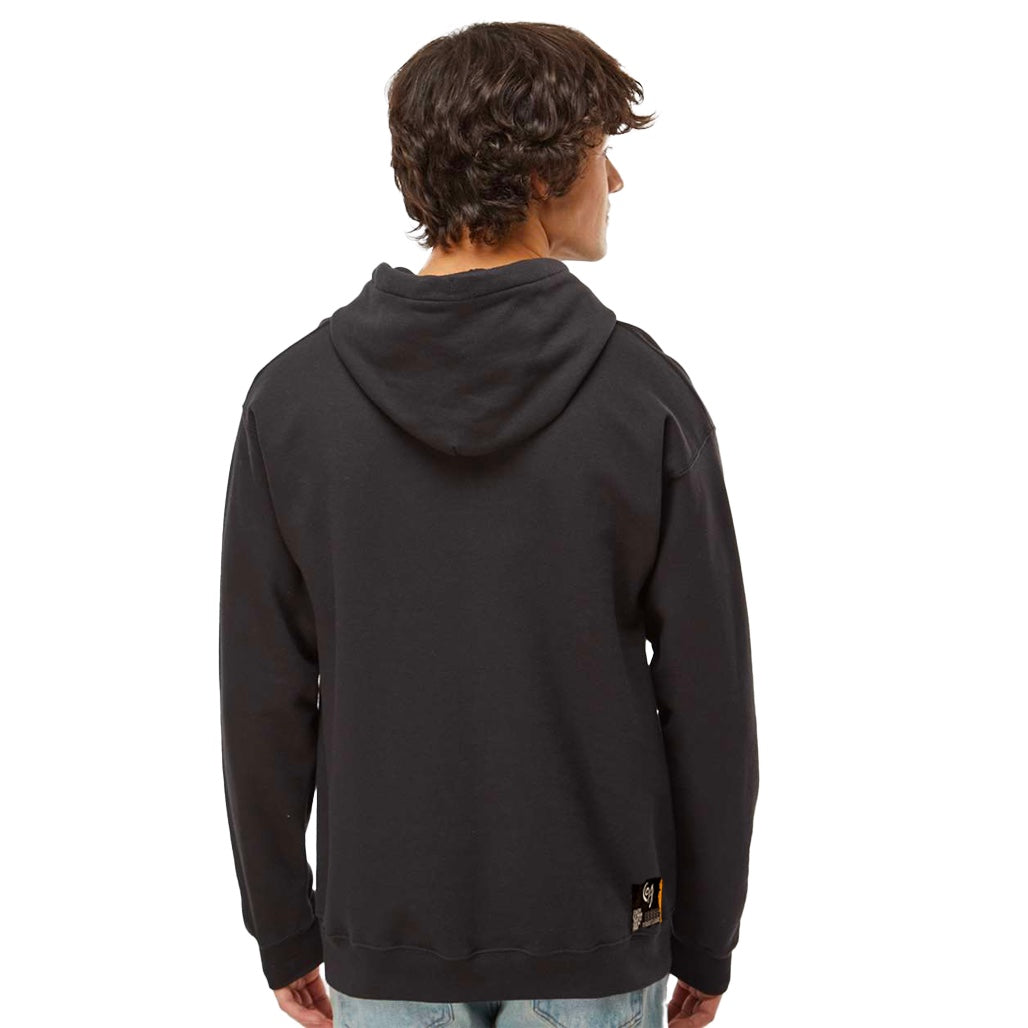 Polerón canguro COA con capucha y bolsillo delantero color negro, marca chilena de surf — vista trasera