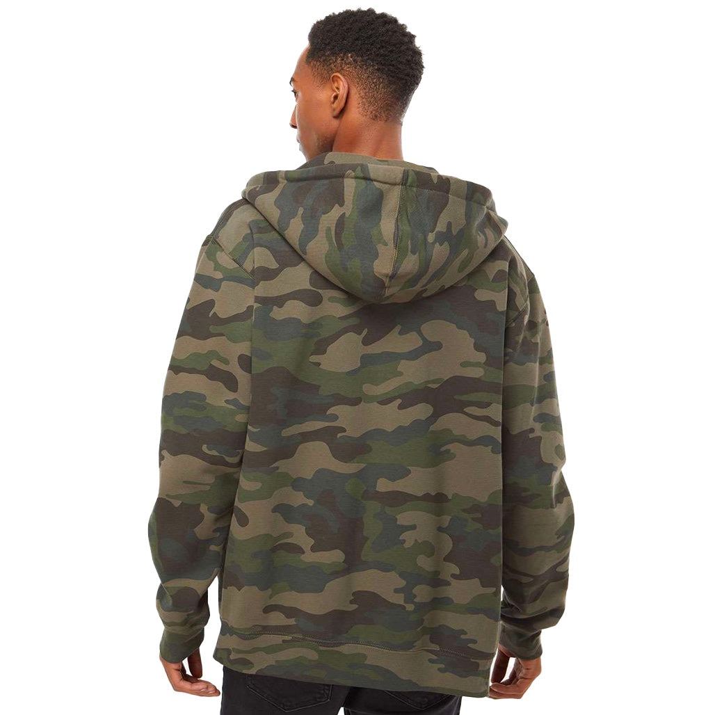 Polerón COA con capucha y cierre con estampado camuflado, marca chilena de surf — vista trasera